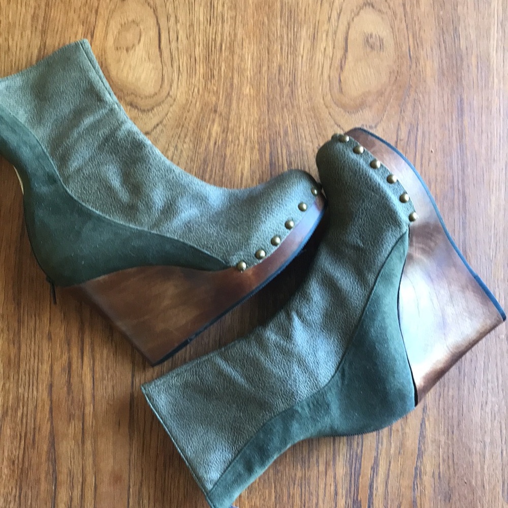 Cri de Coeur man made suede and animal print wood boots.